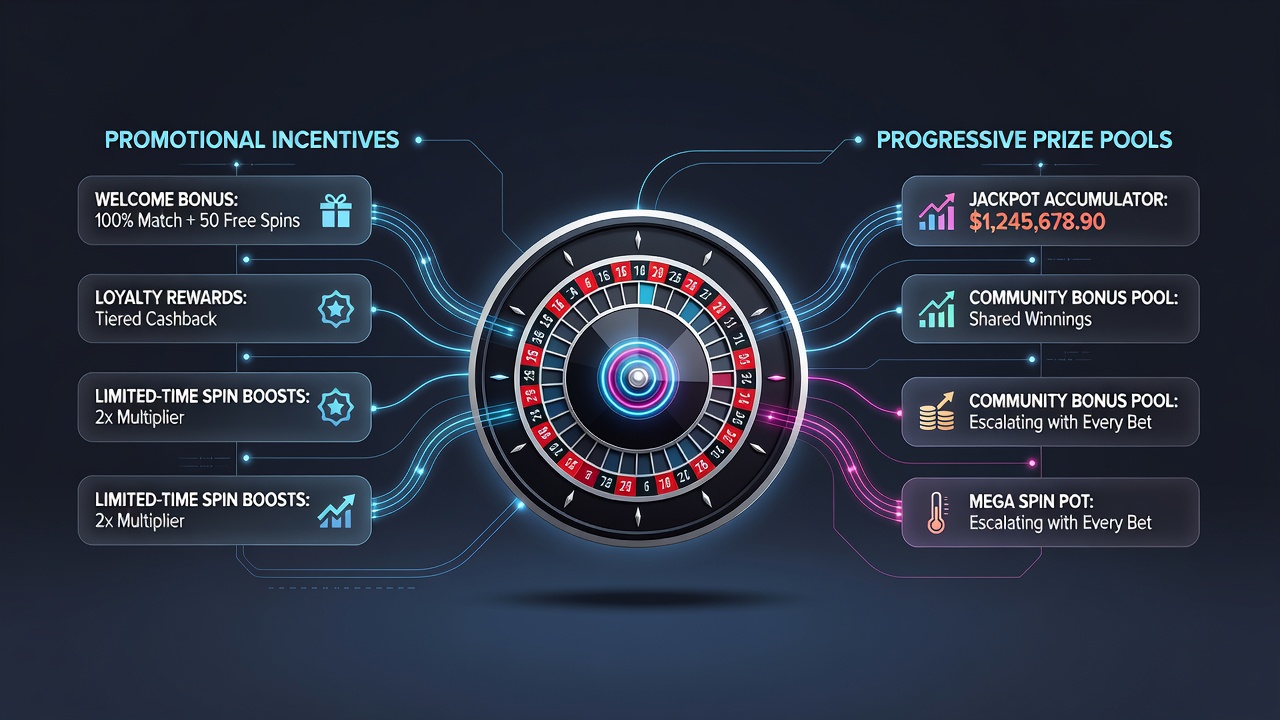 Digital roulette interface showing promotional bonus indicators alongside a growing progressive jackpot meter
