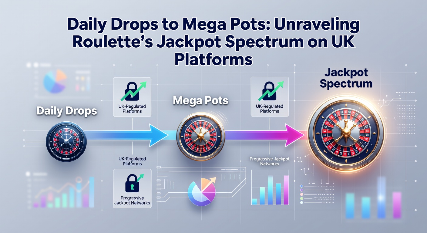 Vibrant graphic showing a roulette wheel with escalating jackpot tiers from daily drops to towering mega pots, highlighting the spectrum available on UK online platforms