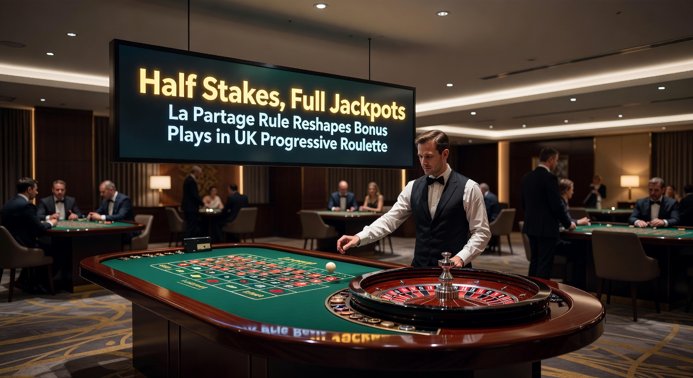 Live dealer at progressive roulette table demonstrating La Partage payout on even-money bet during jackpot buildup, with UK player interface visible