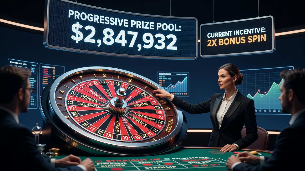 Live dealer roulette wheel with progressive jackpot display showing pool growth during gameplay