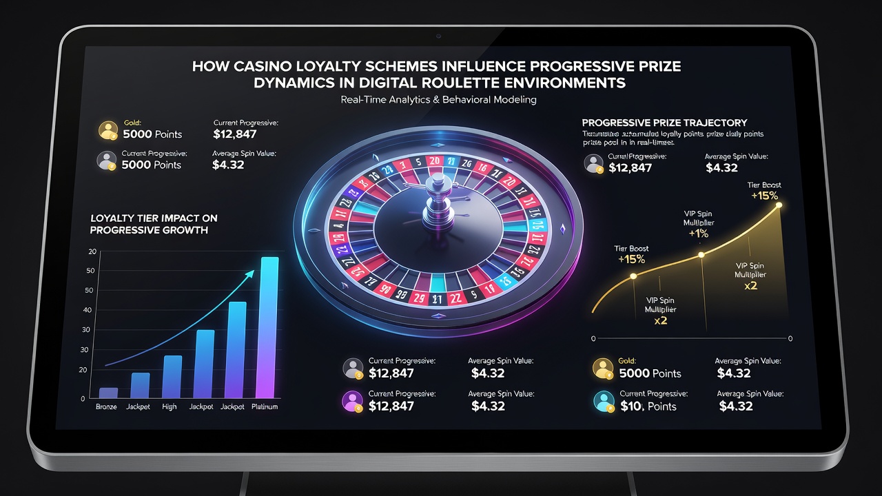Analytics dashboard showing loyalty tier progression next to real-time progressive jackpot growth chart