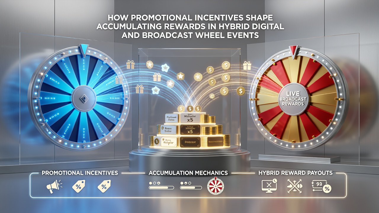 Players engaging with accumulating rewards during a hybrid digital broadcast wheel event