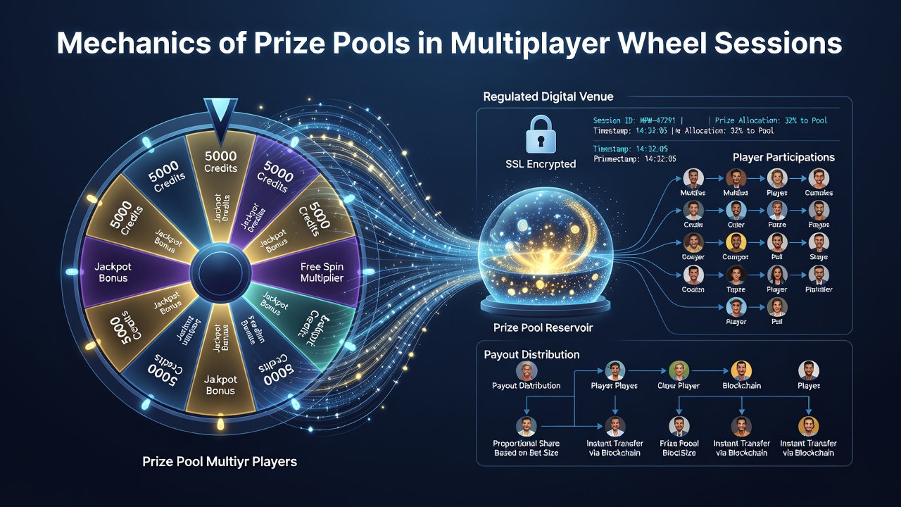 Digital wheel interface displaying pooled prize indicators during a multiplayer session