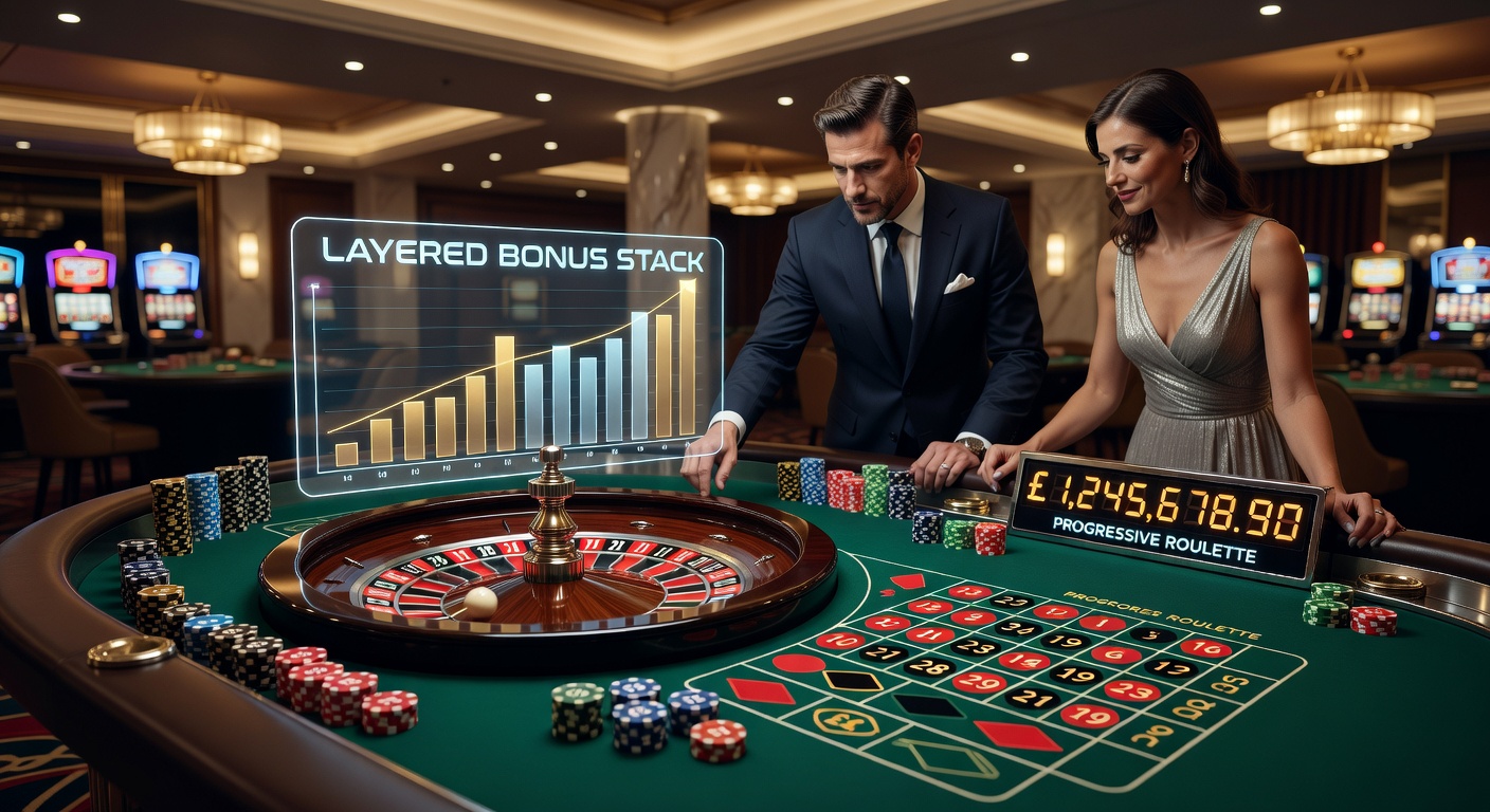 UK player interface showing stacked bonuses applied to a progressive roulette bet slip, with jackpot counter and win simulation