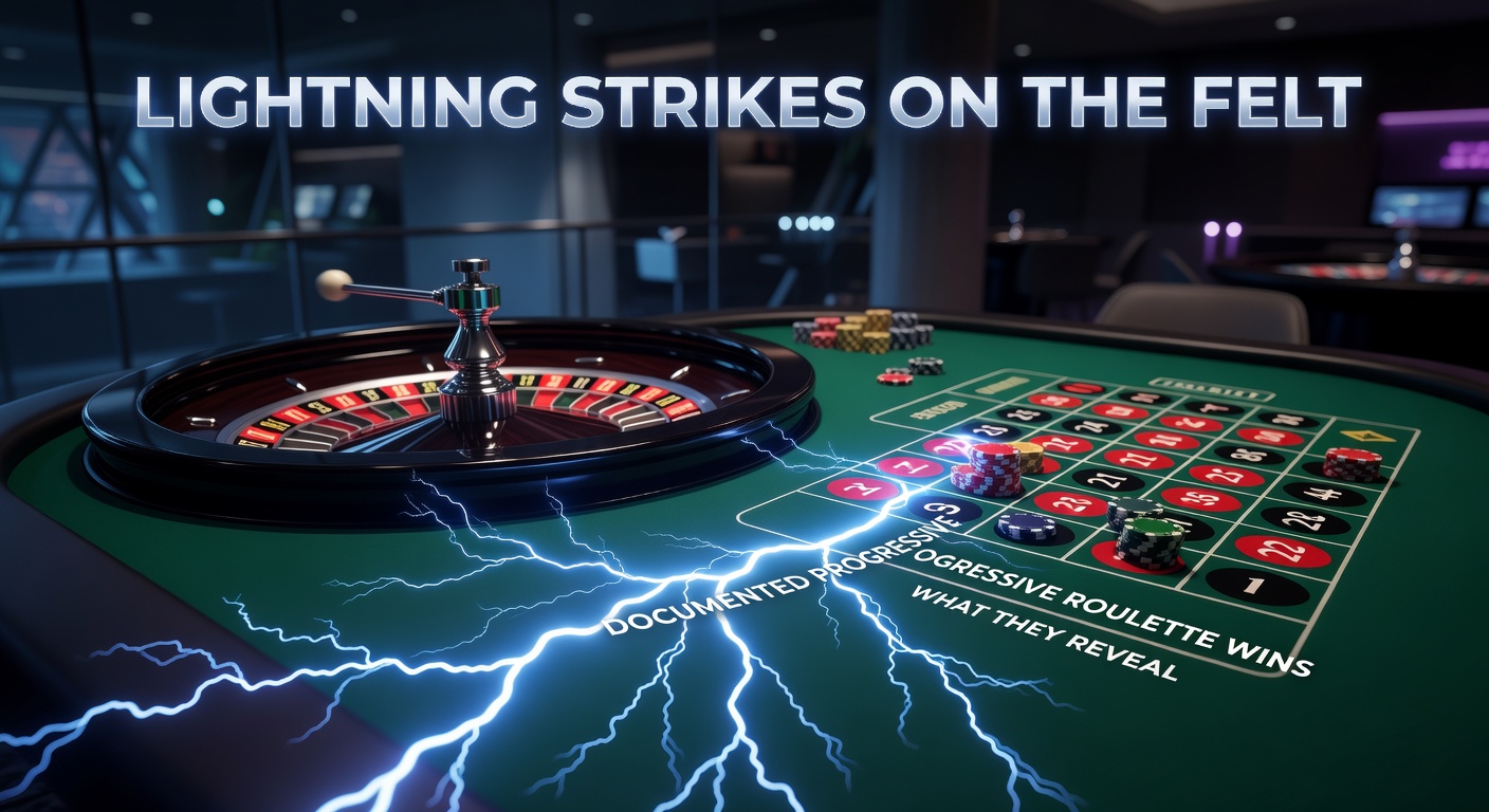 A dramatic roulette wheel with lightning bolt multipliers striking selected numbers, capturing the thrill of progressive payouts in action