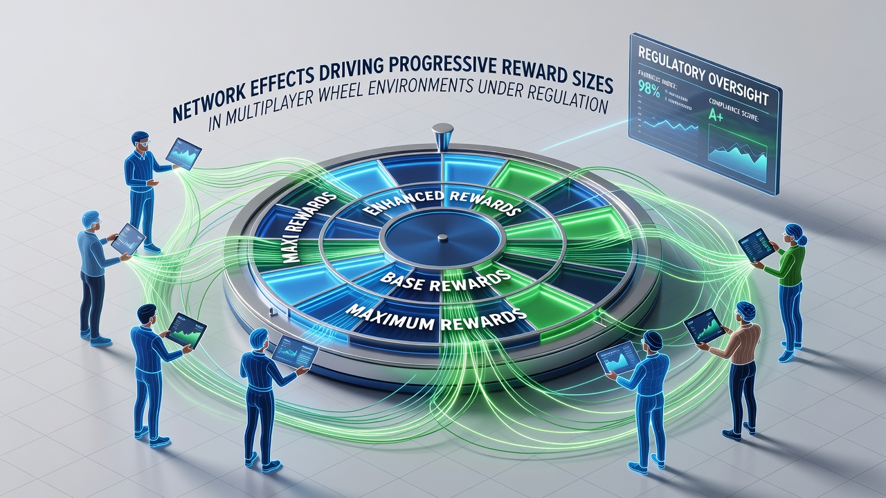Data visualization of progressive reward growth correlated with player numbers in regulated wheel environments
