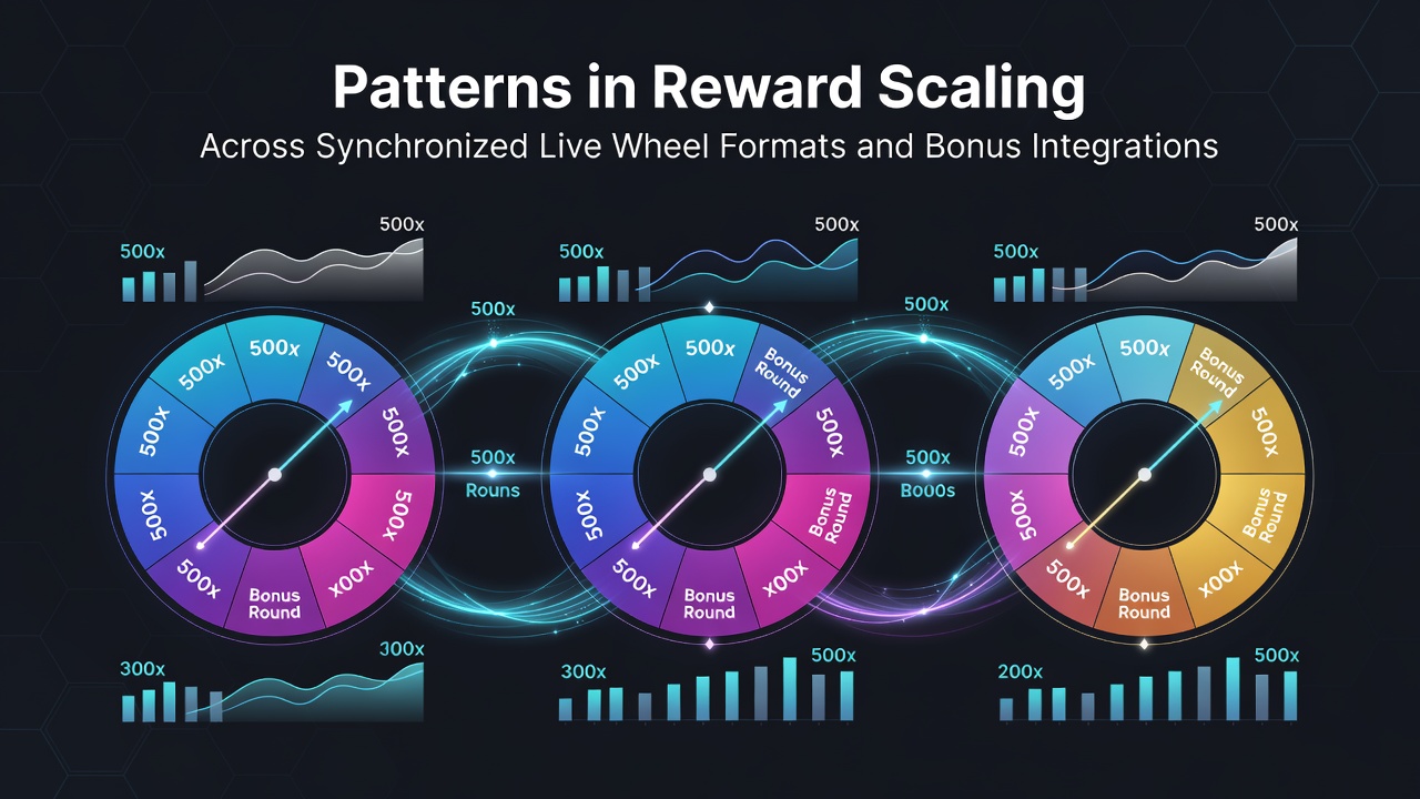 Synchronized live wheel systems displaying reward metrics across multiple casino platforms