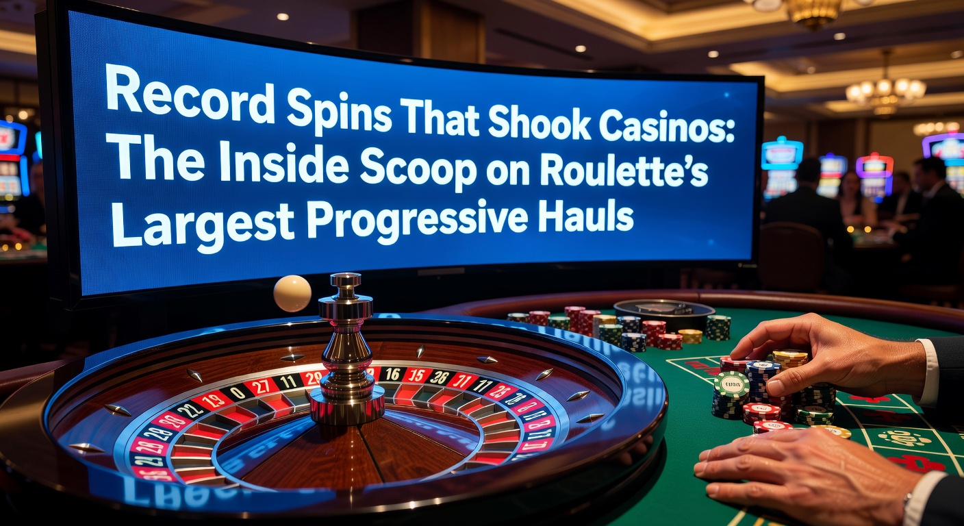 A jubilant casino player raises arms in victory beside a glowing roulette table displaying a massive progressive jackpot payout