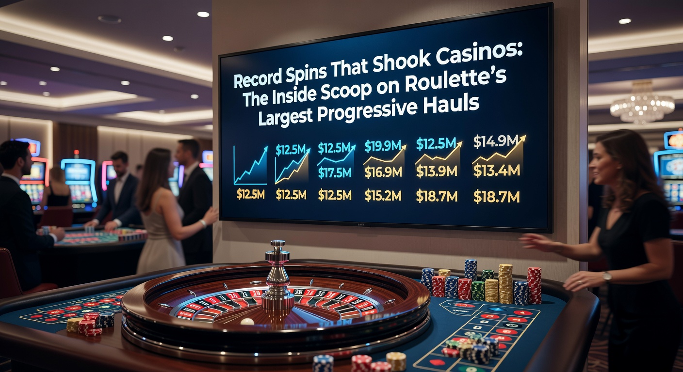 Dynamic roulette wheel in motion with illuminated progressive jackpot tiers building dramatically on the digital display