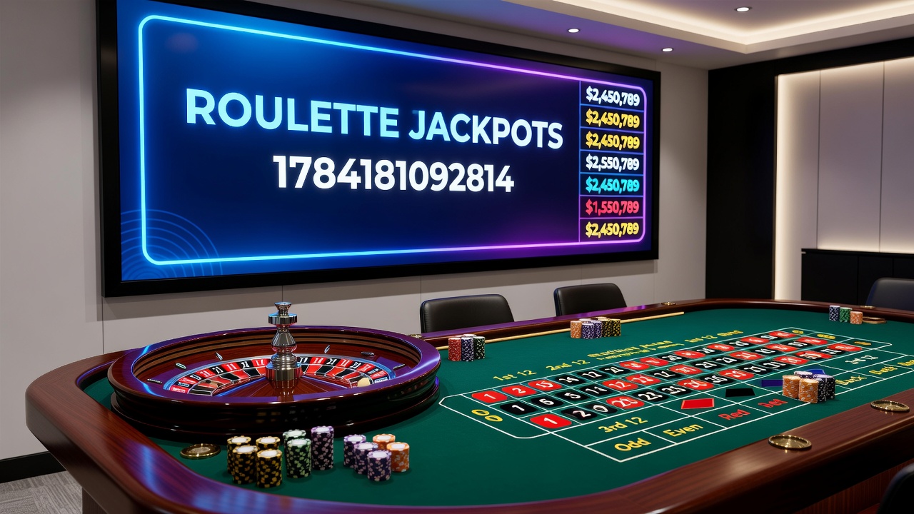 Close-up of roulette table with digital jackpot meter and betting chips