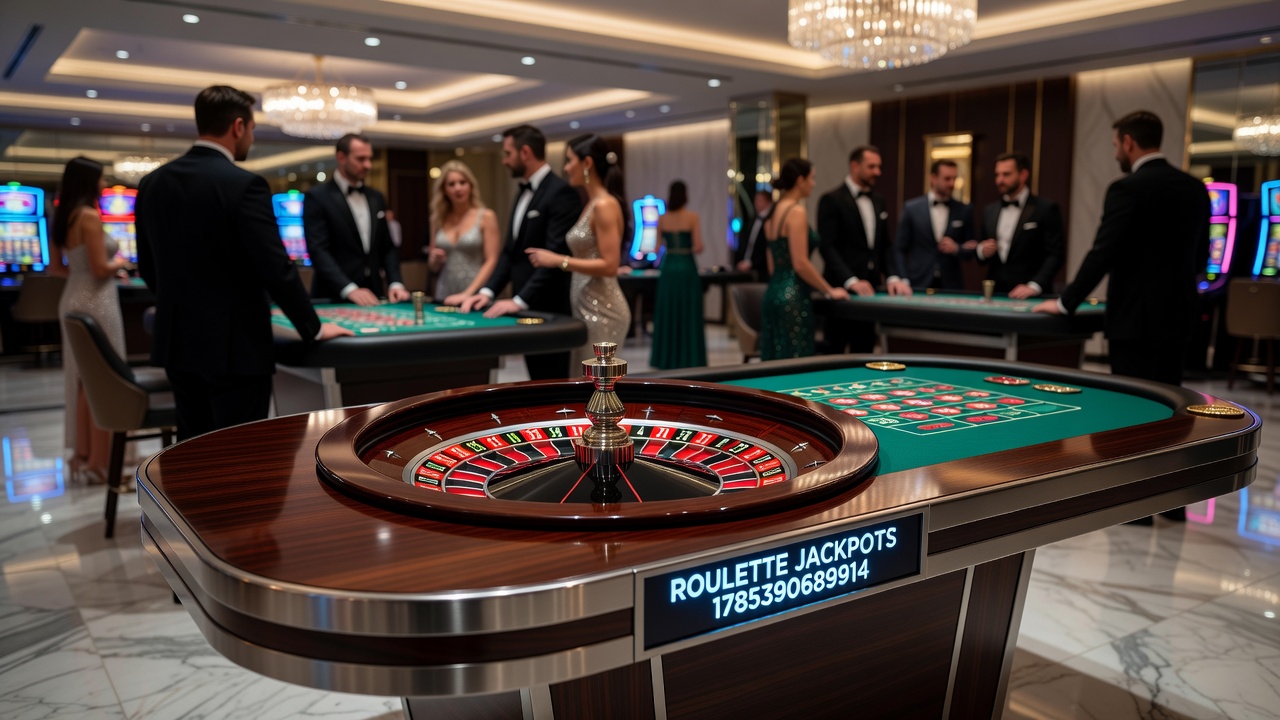 Casino floor view with multiple roulette tables connected to a central progressive jackpot display