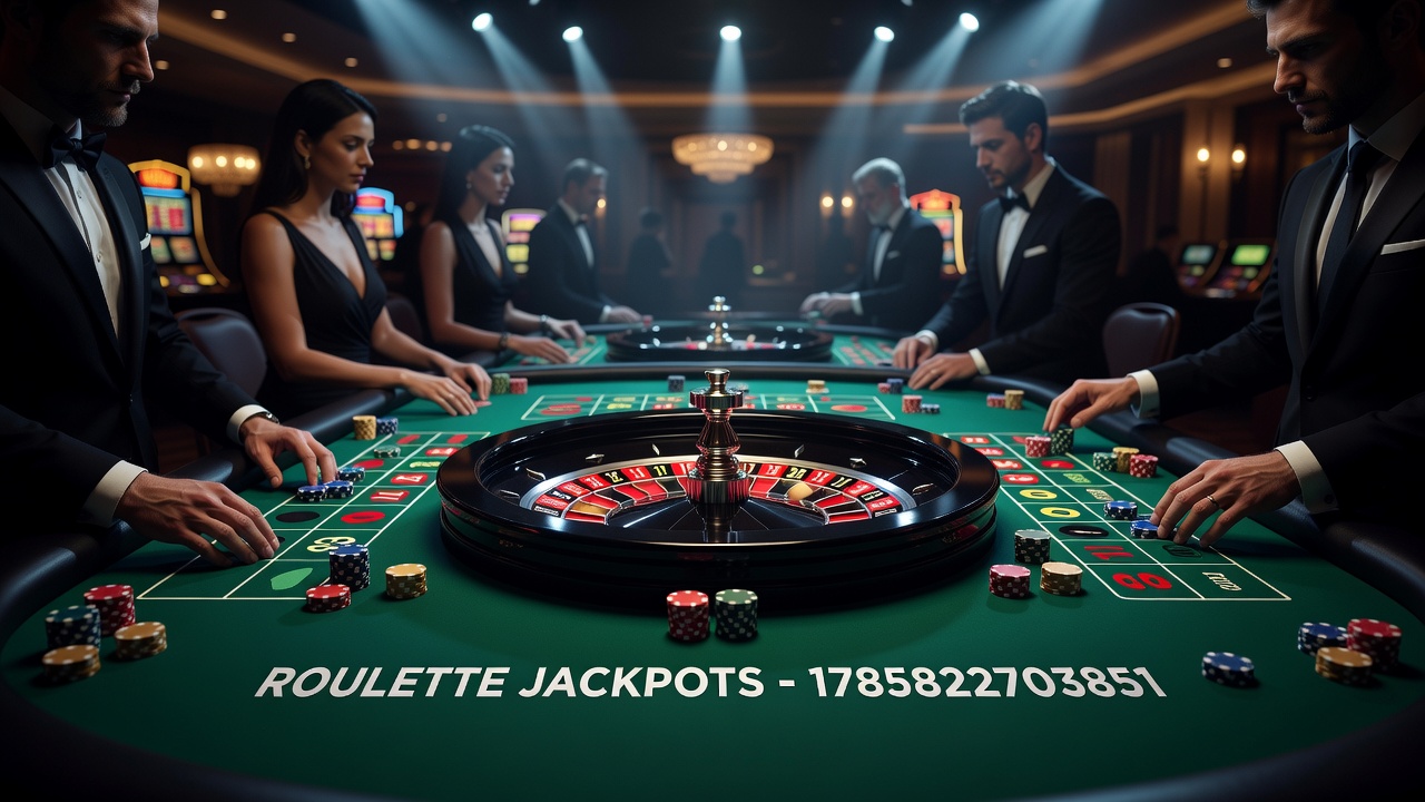 Casino floor with multiple roulette tables and digital jackpot counters