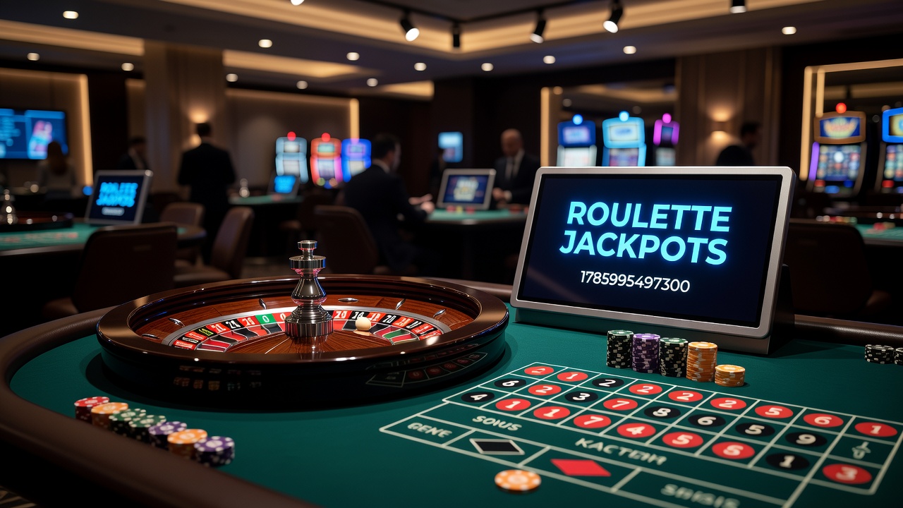 Casino floor with multiple roulette tables linked to a progressive jackpot network