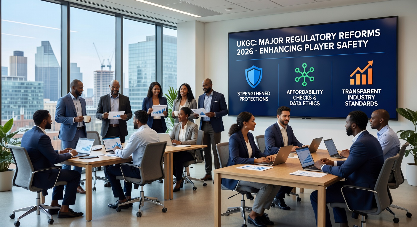 Infographic detailing financial risk checks, stake limits, and enforcement funding in the UK Gambling Commission's 2026 reforms