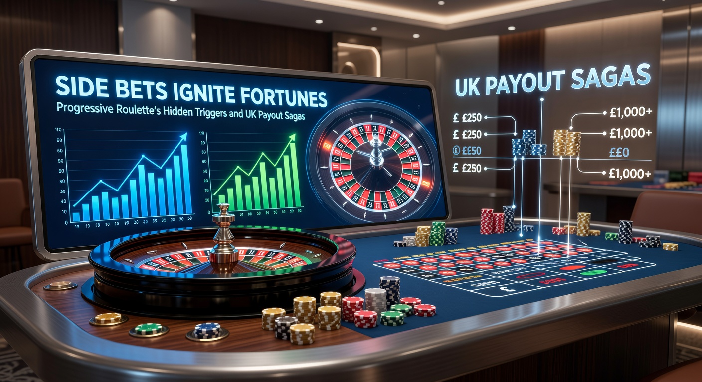 Vibrant progressive roulette table with glowing side bet displays and jackpot meters climbing high, capturing the thrill of potential big wins in a bustling UK casino setting