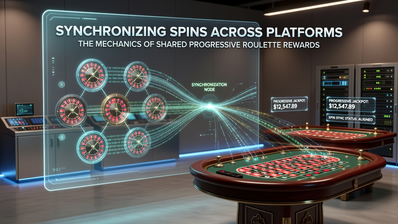 Diagram showing multiple roulette platforms connected to a central progressive jackpot server with real-time data flow indicators