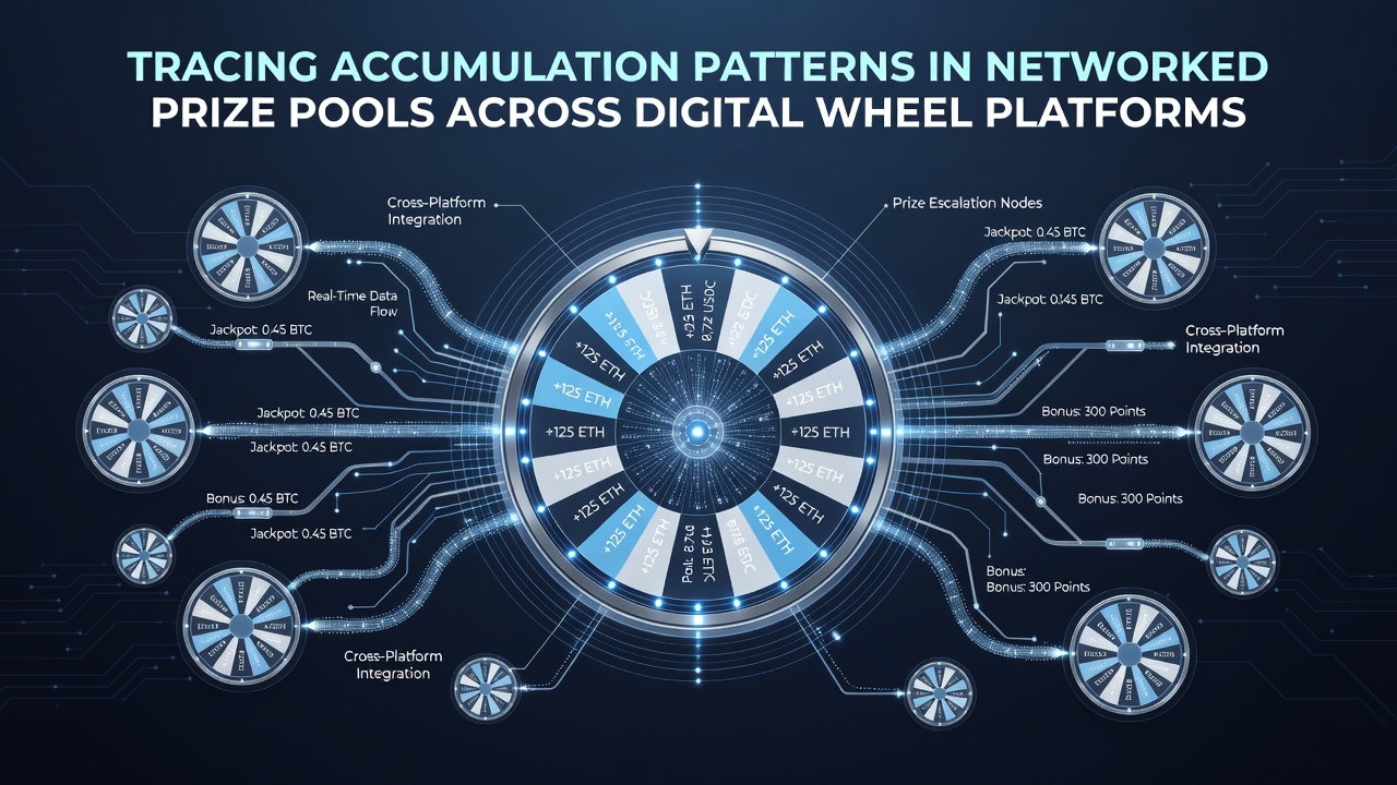 Network diagram showing interconnected digital wheel platforms with accumulating prize pools highlighted in real time