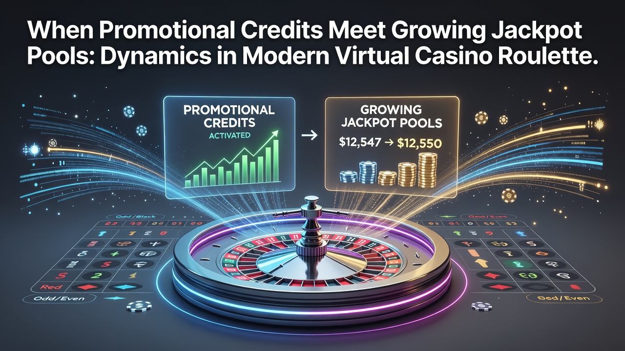 Virtual roulette table with promotional credit indicators and jackpot pool displays on screen