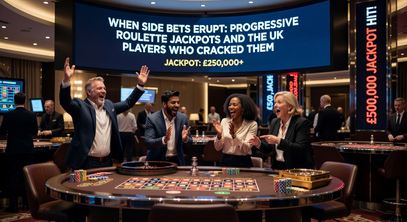Excited UK player at a live roulette table celebrating a progressive jackpot win, with confetti and screen showing the massive payout